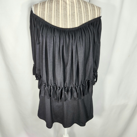 Notations Black Short Sleeve On/Off Shoulder Knotted Fringe Hem Top Size XLarge - Picture 4 of 8